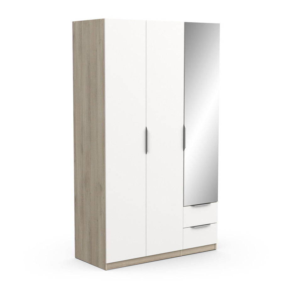 Kledingkast Ghost 3 deuren/2 laden en spiegel 120x203 cm eiken met wit afbeelding 1