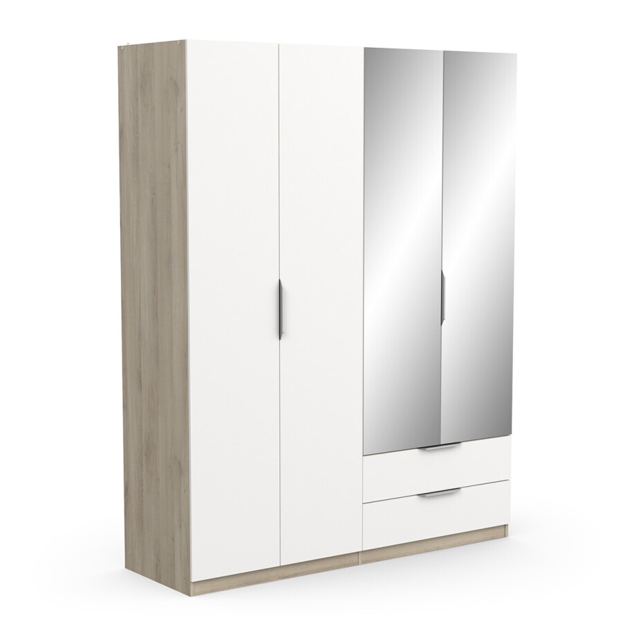 Kledingkast Ghost 4 deuren/2 laden en spiegel 160x203 cm eiken met wit Kledingkast Ghost 4 deuren/2 laden en spiegel 160x203 cm eiken met wit afbeelding 1