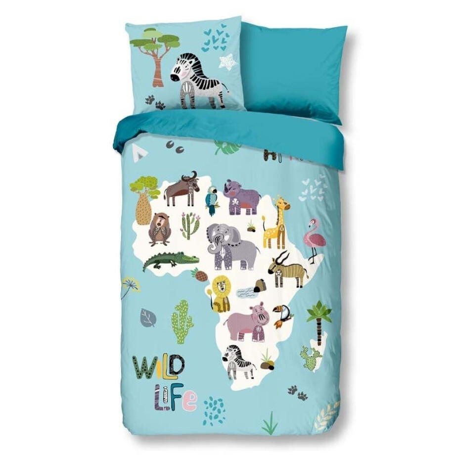 Kinderdekbedovertrek Katoen - 140x200 cm Blauw - Dessin: Dieren - Good Morning - Dekbed-Discounter.nl afbeelding 