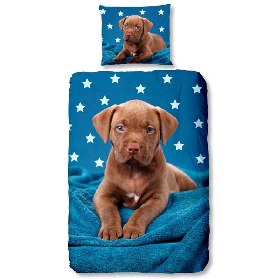 Kinderdekbedovertrek Dekbedovertrek Pup - 200x140 cm Blauw - Dessin: Dieren - Good Morning - Dekbed-Discounter.nl afbeelding 1