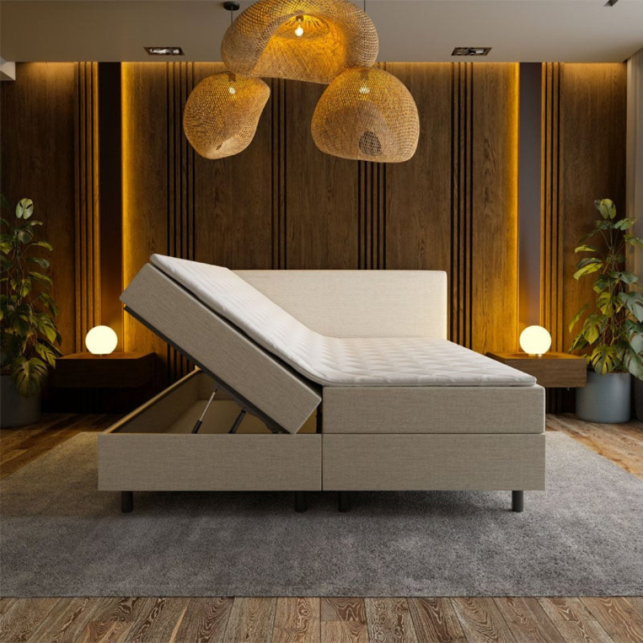 2-Persoons Boxspring met opbergruimte Hotel - Beige 140x200 cm - Pocketvering - Inclusief Topper - Dekbed-Discounter.nl afbeelding 1