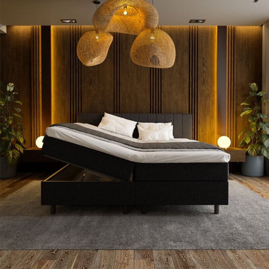 2-Persoons Boxspring met opbergruimte Beam - Zwart 160x200 cm - Pocketvering - Inclusief Topper - Dekbed-Discounter.nl afbeelding 