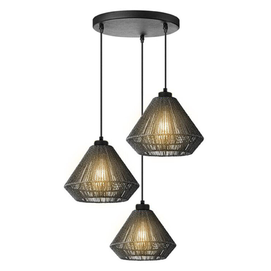 LABEL51 Hanglamp 'Ibiza Diamond' Jute, 3-lamps, kleur Zwart afbeelding 1