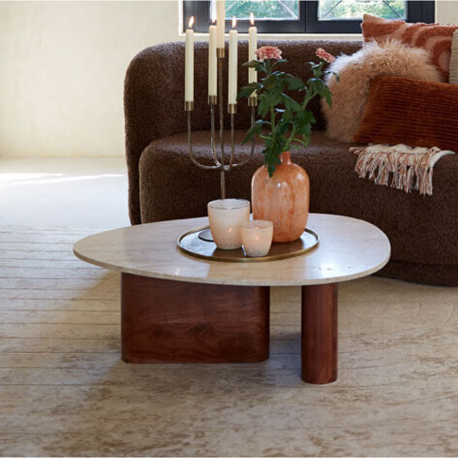 Light & Living Salontafel 'Mahelona' Travertin en Acaciahout, 90 x 72cm afbeelding 