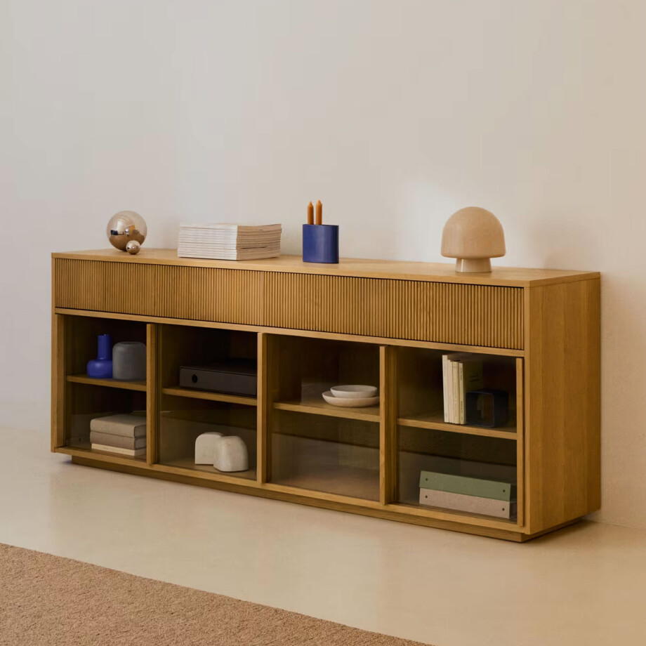 Kave Home Dressoir 'Helvine' Eiken en glas, 200cm afbeelding 