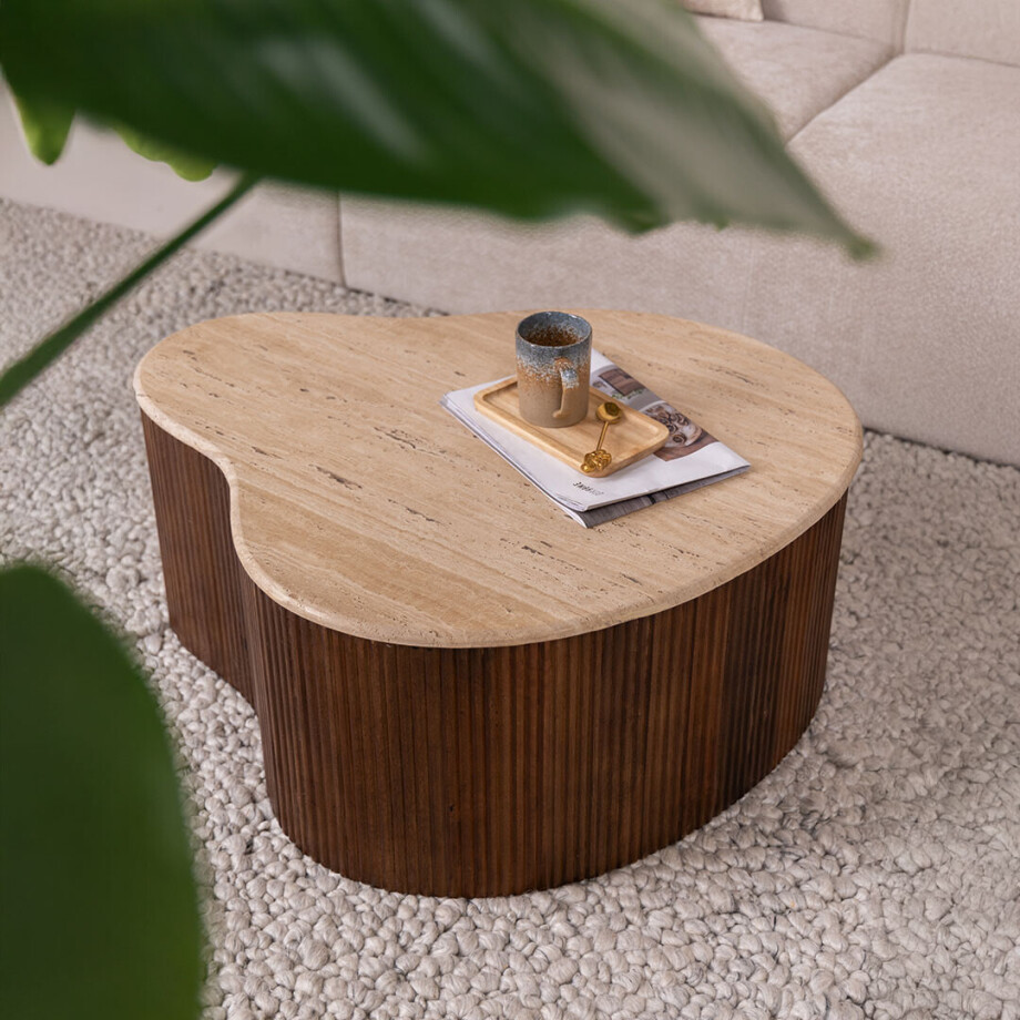 Eleonora Salontafel 'Mari' Organisch, Mangohout en Travertin, 83 x 72cm afbeelding 1