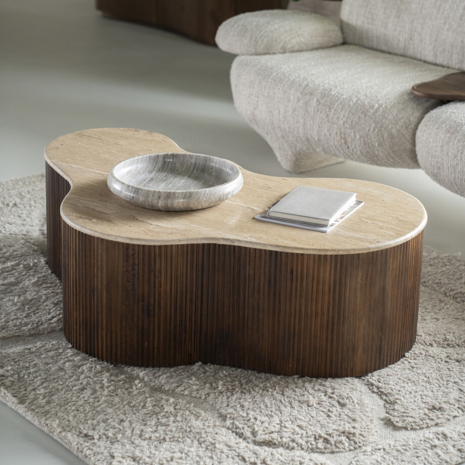 Eleonora Organische Salontafel 'Mari' Mangohout en Travertin, 129 x 84cm afbeelding 1