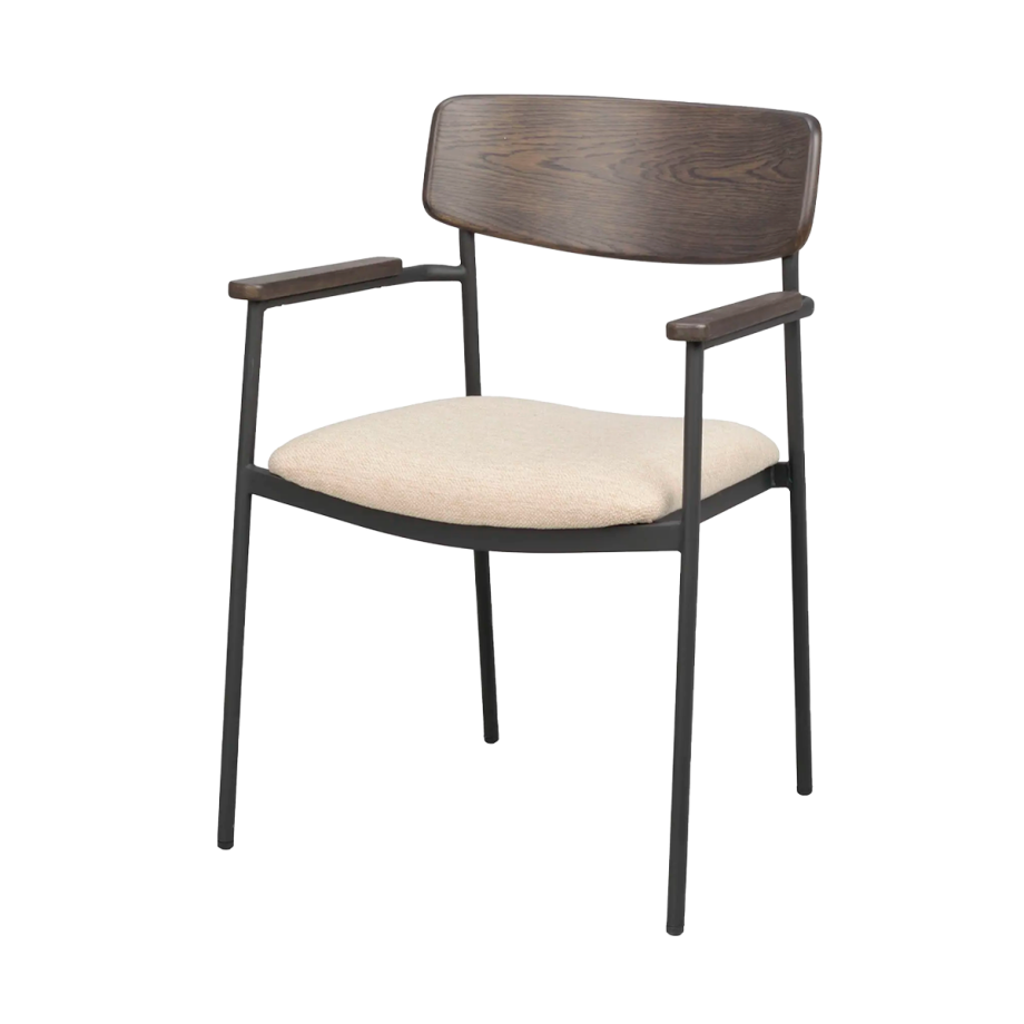 Maymont eikenhouten eetkamerstoel donkerbruin - met beige stoffen zitting en armleuningen Maymont eikenhouten eetkamerstoel donkerbruin - met beige stoffen zitting en armleuningen afbeelding 1