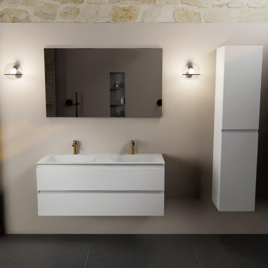 Mondiaz Aivy badmeubelset - 120x45x50cm - 2 kraangaten - 2 wasbakken talc Solid surface - Links en rechts - 2 lades - Zonder spiegel - MDF Talc AIVY80035 afbeelding 1