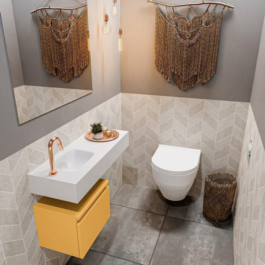 MONDIAZ ANDOR Toiletmeubel - 80x30x30cm - 1 kraangat - 1 lades - ocher mat - wasbak links - Solid surface - Wit FK75343857 afbeelding 1