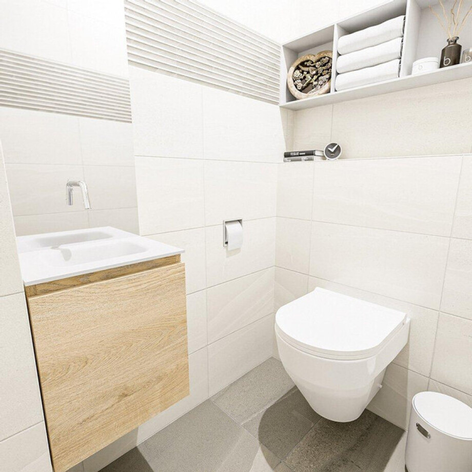 MONDIAZ OLAN Toiletmeubel 40x30x40cm met 0 kraangaten 1 lades washed oak mat Wastafel Lex midden Solid Surface Wit FK75342666 afbeelding 1