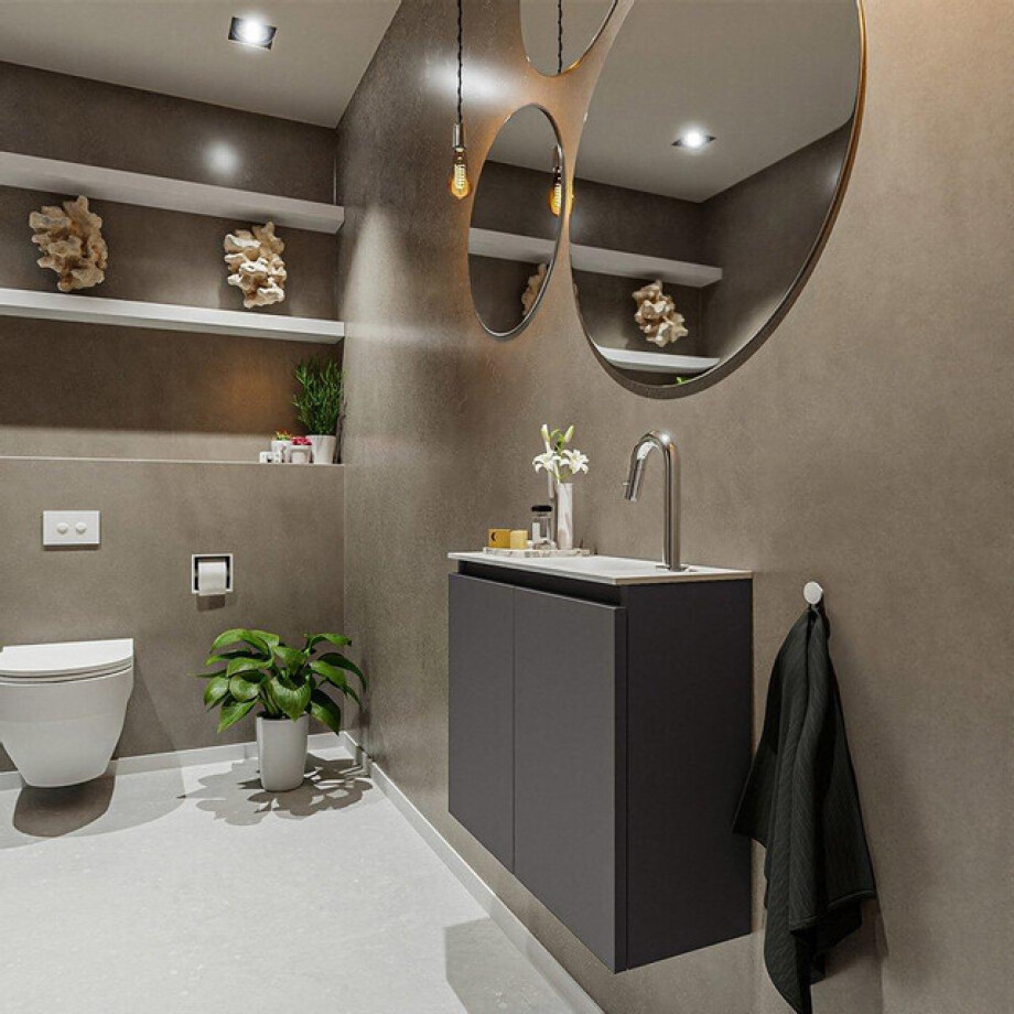 MONDIAZ TURE Fonteinset - 60x23x50cm - 1 kraangat - 2 deuren - darkgrey mat - Wasbak rechts - Solid Surface Wit FK75341071 afbeelding 1