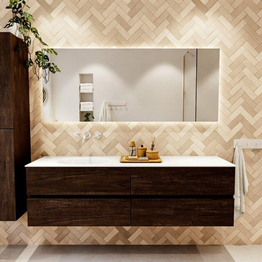 MONDIAZ Vica Badkamermeubelset - 170cm - onderkast dark brown - 4 lades - wastafel moon links - zonder kraangaten - 60cm hoge versie - talc VICA170DB4LL0MOTal-XL60 afbeelding 1