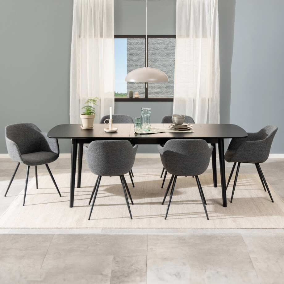 Bendt Uitschuifbare Eettafel 'Montreux' Eiken 180-219 x 90cm, kleur zwart Bendt Uitschuifbare Eettafel 'Montreux' Eiken 180-219 x 90cm, kleur zwart afbeelding 1