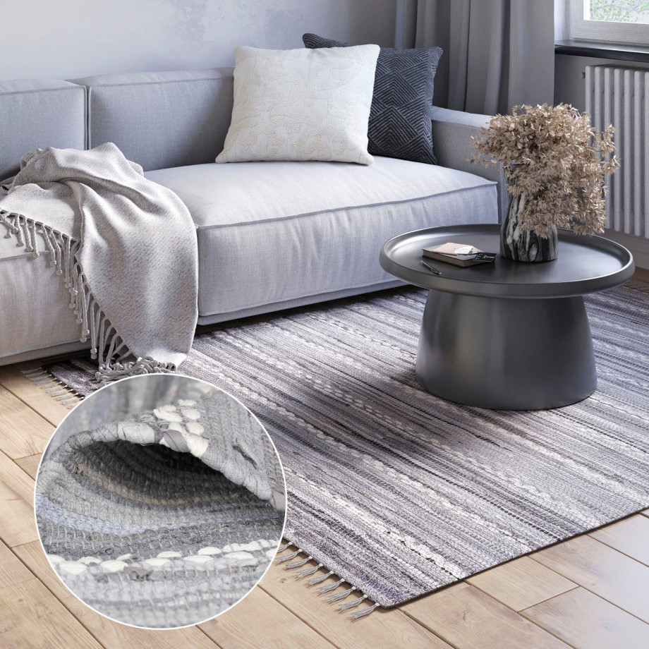 Myflair Möbel & Accessoires Vloerkleed Sharon Vlakweefsel, vlekken, 90% katoen, handgeweven, met franjes afbeelding 1