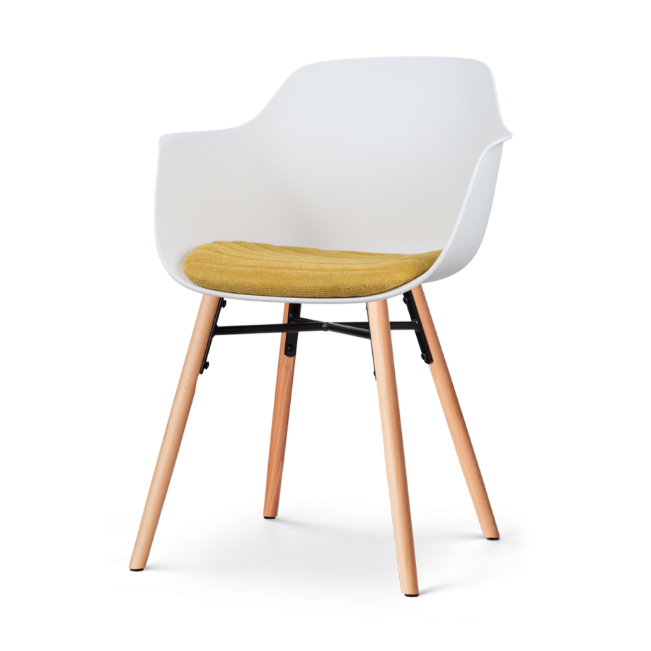 Nena-Liz eetkamerstoel wit met okergeel zitkussen - houten onderstel afbeelding 1