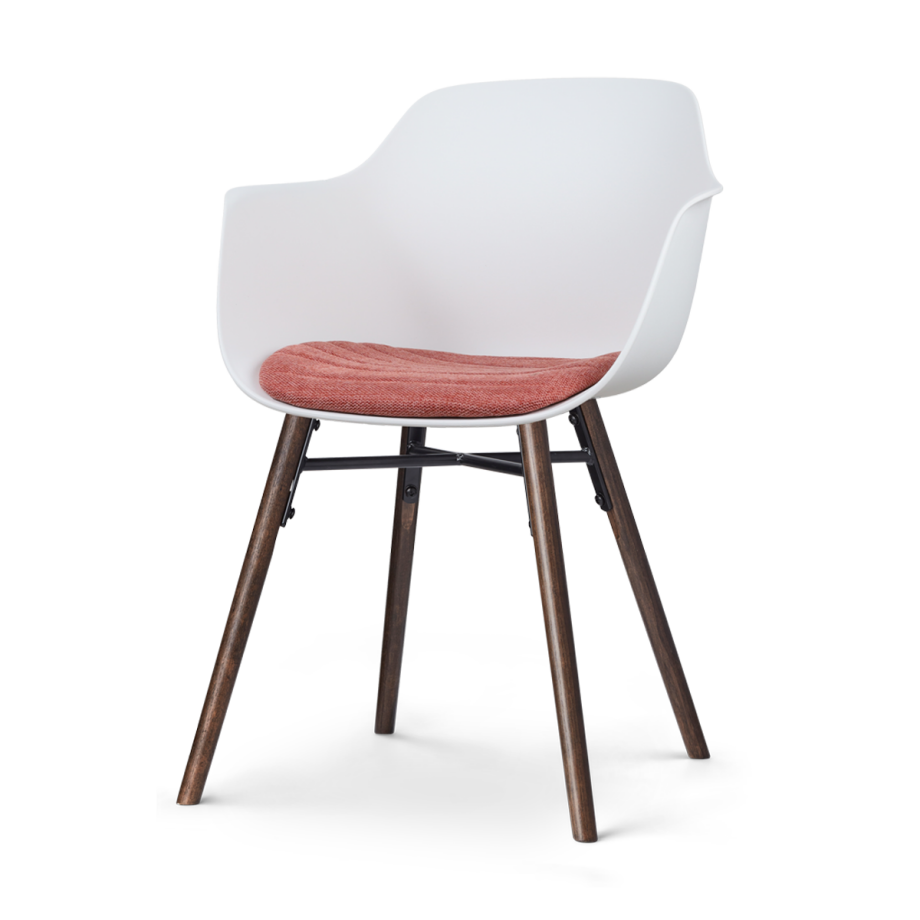 Nena-Liz eetkamerstoel wit met terracotta rood zitkussen - walnoot houten onderstel Nena-Liz eetkamerstoel wit met terracotta rood zitkussen - walnoot houten onderstel afbeelding 1