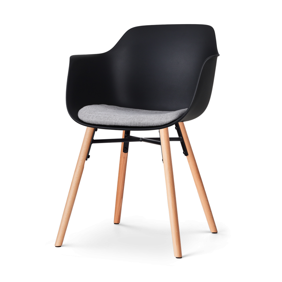 Nena-Liz eetkamerstoel zwart met lichtgrijs zitkussen - houten onderstel afbeelding 1