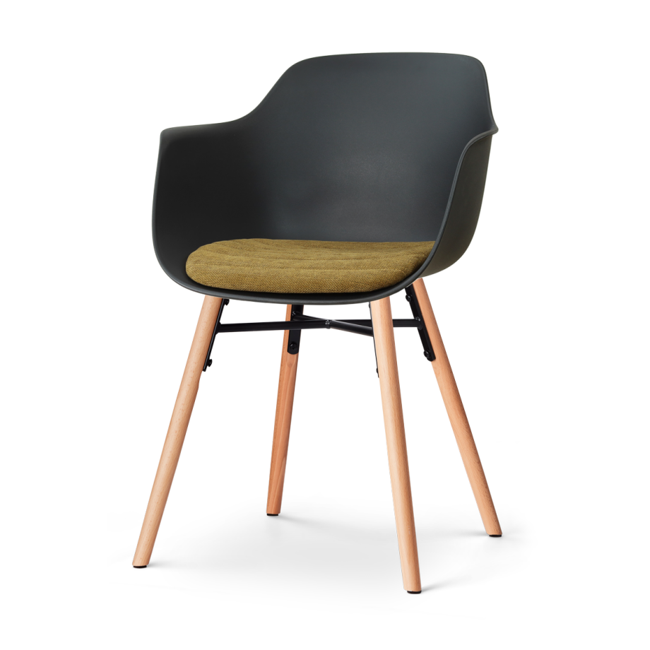 Nena-Liz eetkamerstoel zwart met mosgroen zitkussen - houten onderstel afbeelding 1