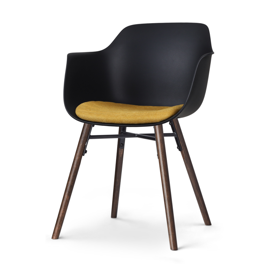 Nena-Liz eetkamerstoel zwart met okergeel zitkussen - walnoot houten onderstel Nena-Liz eetkamerstoel zwart met okergeel zitkussen - walnoot houten onderstel afbeelding 1