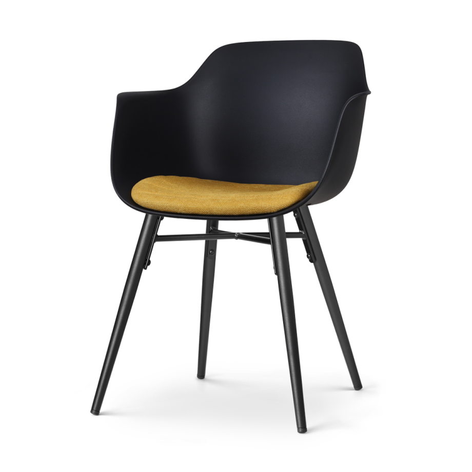 Nena-Liz eetkamerstoel zwart met okergeel zitkussen - zwart houten onderstel Nena-Liz eetkamerstoel zwart met okergeel zitkussen - zwart houten onderstel afbeelding 1