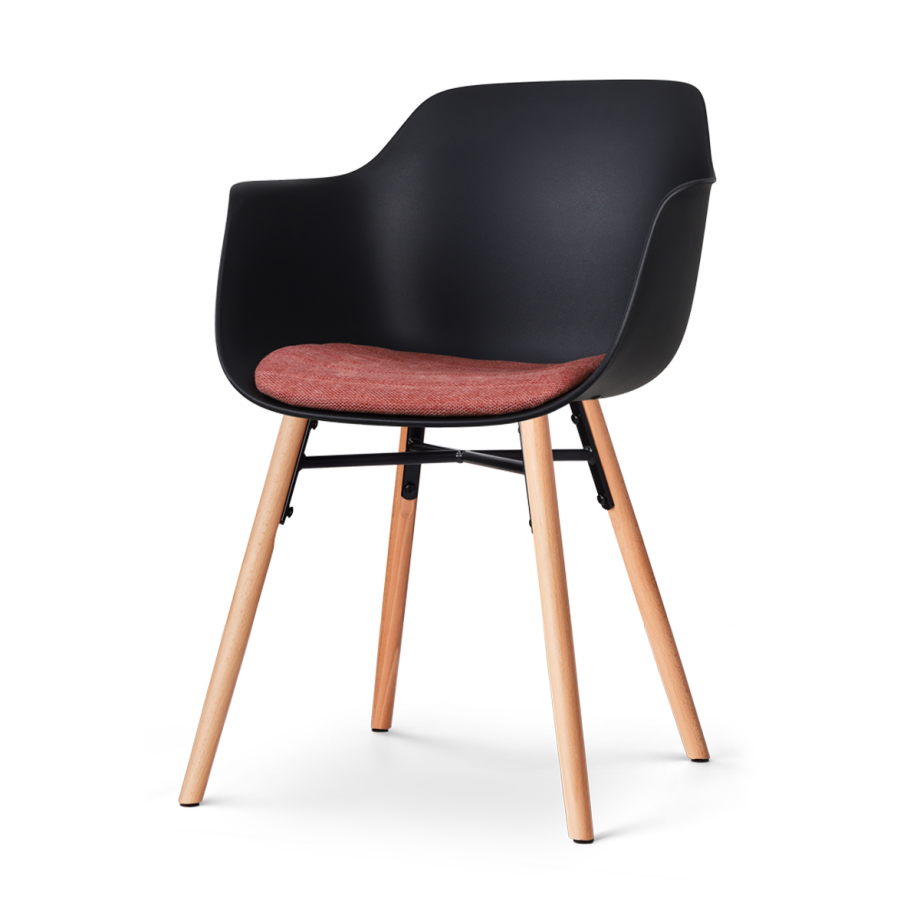 Nena-Liz eetkamerstoel zwart met terracotta rood zitkussen - houten onderstel Nena-Liz eetkamerstoel zwart met terracotta rood zitkussen - houten onderstel afbeelding 1