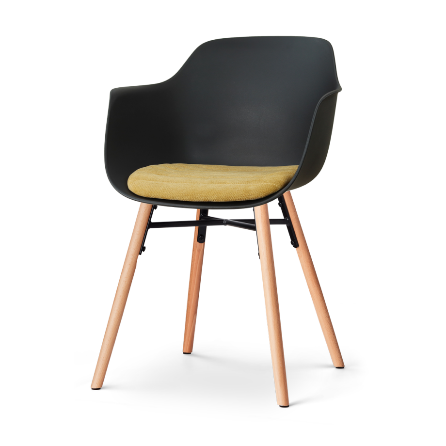 Nena-Liz eetkamerstoel zwart met warm oker zitkussen - houten onderstel afbeelding 1