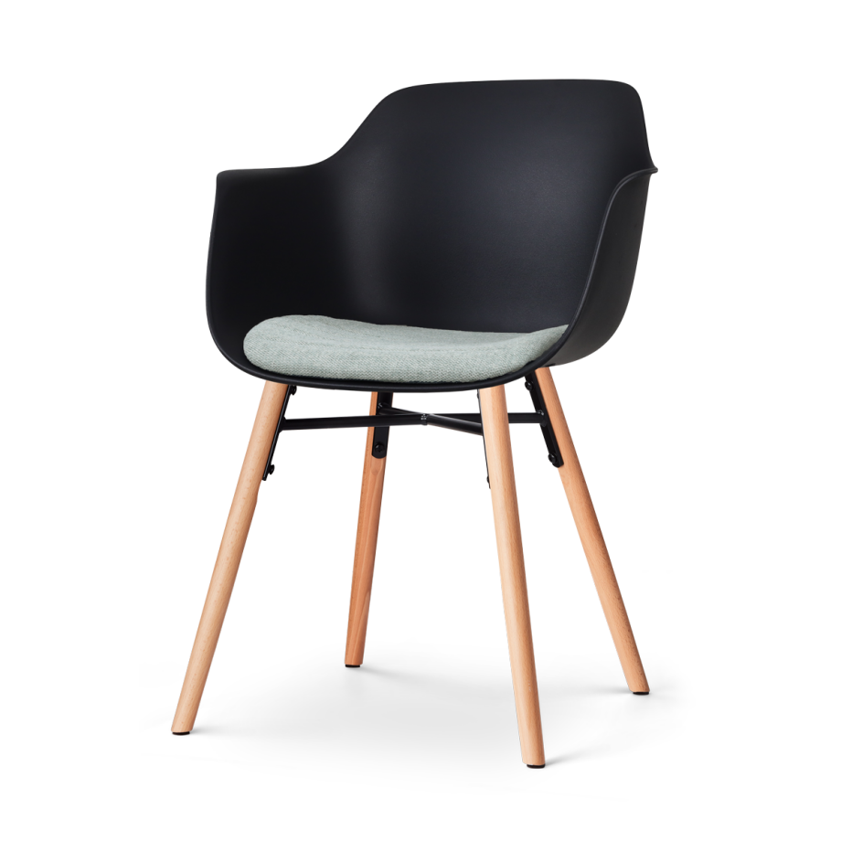 Nena-Liz eetkamerstoel zwart met zacht groen zitkussen - houten onderstel Nena-Liz eetkamerstoel zwart met zacht groen zitkussen - houten onderstel afbeelding 1