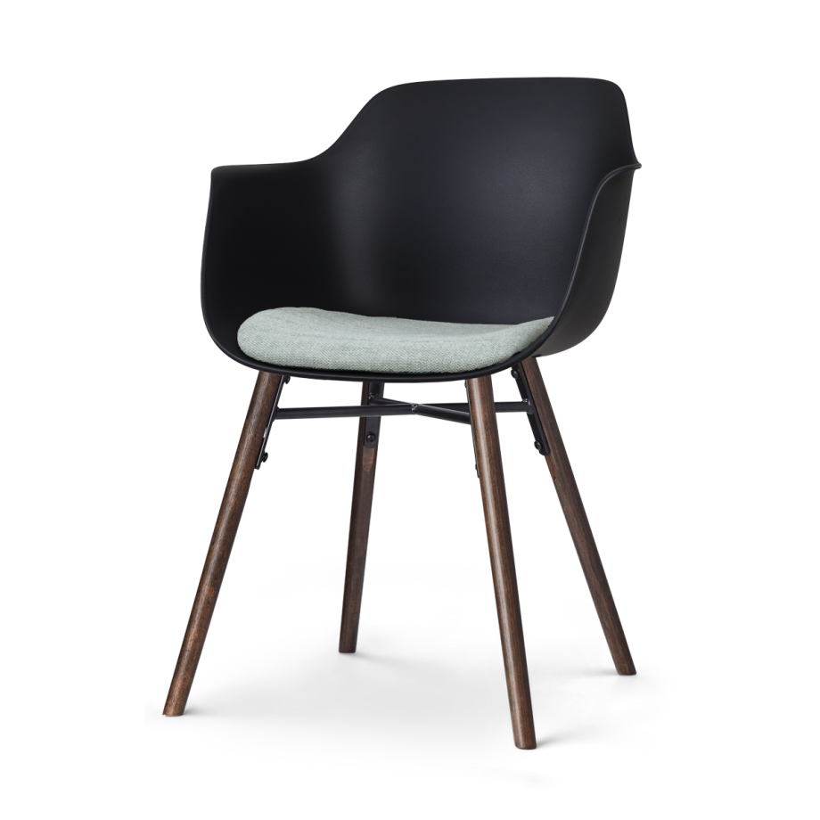 Nena-Liz eetkamerstoel zwart met zacht groen zitkussen - walnoot houten onderstel Nena-Liz eetkamerstoel zwart met zacht groen zitkussen - walnoot houten onderstel afbeelding 1