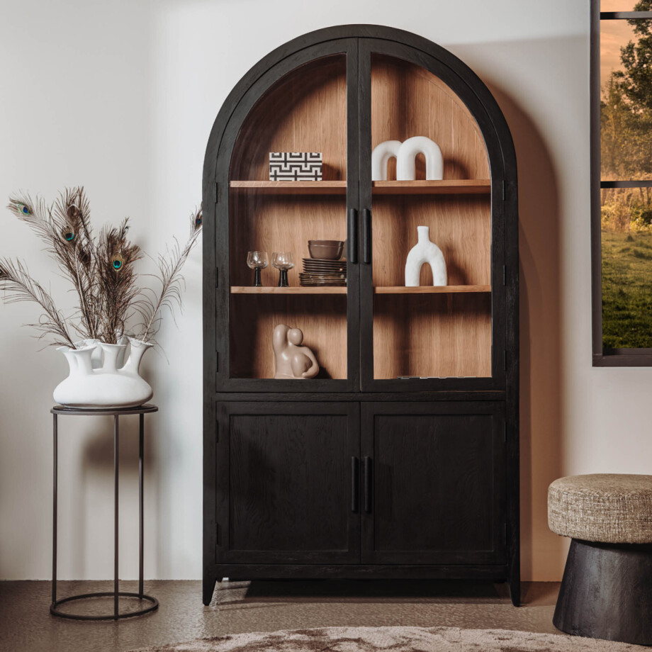 Tower Living Vitrinekast 'Rotondi' Mangohout en eikenfineer, 220 x 120cm, kleur Zwart afbeelding 