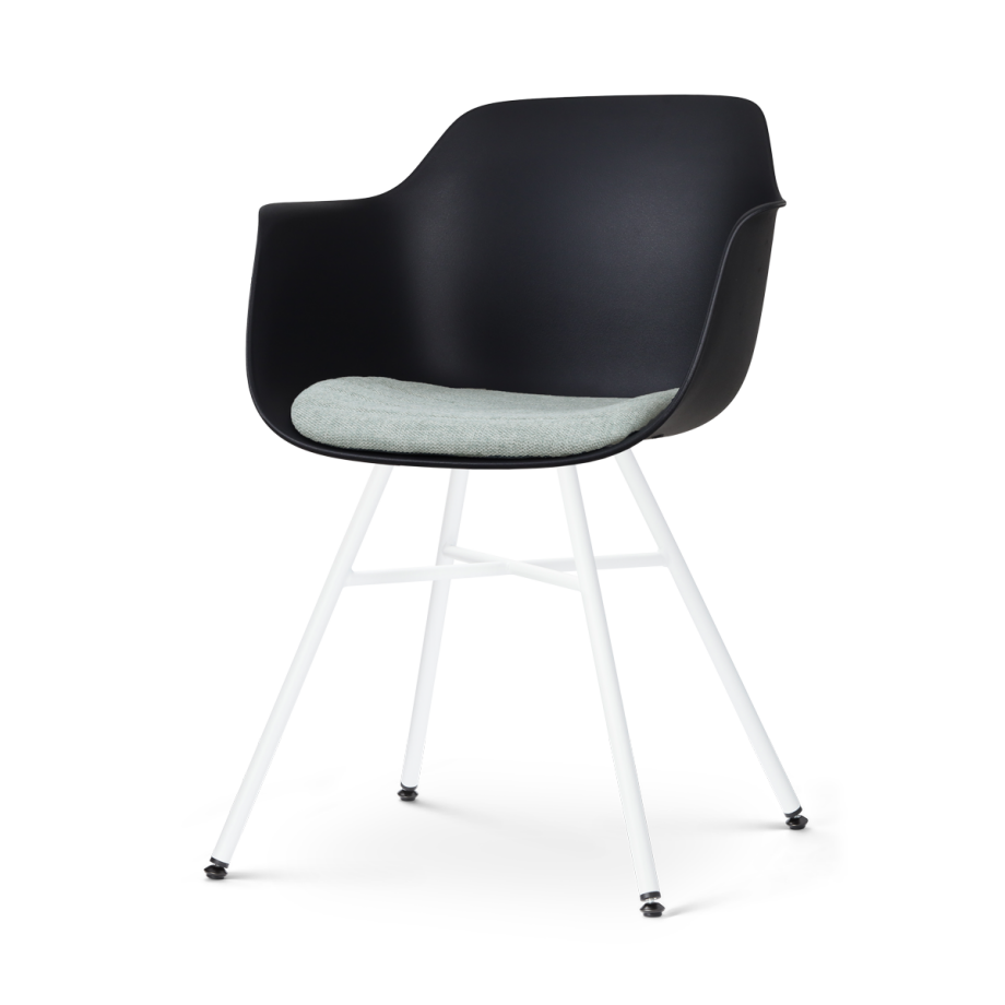 Noa-Liz eetkamerstoel zwart met zacht groen zitkussen - wit onderstel Noa-Liz eetkamerstoel zwart met zacht groen zitkussen - wit onderstel afbeelding 1