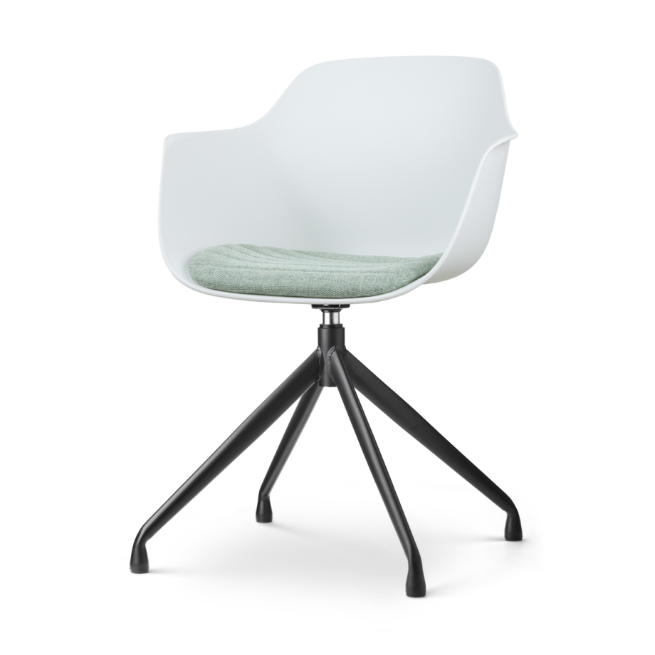 Nola-Liz draaibare eetkamerstoel wit met zacht groen zitkussen - zwart onderstel Nola-Liz draaibare eetkamerstoel wit met zacht groen zitkussen - zwart onderstel afbeelding 1