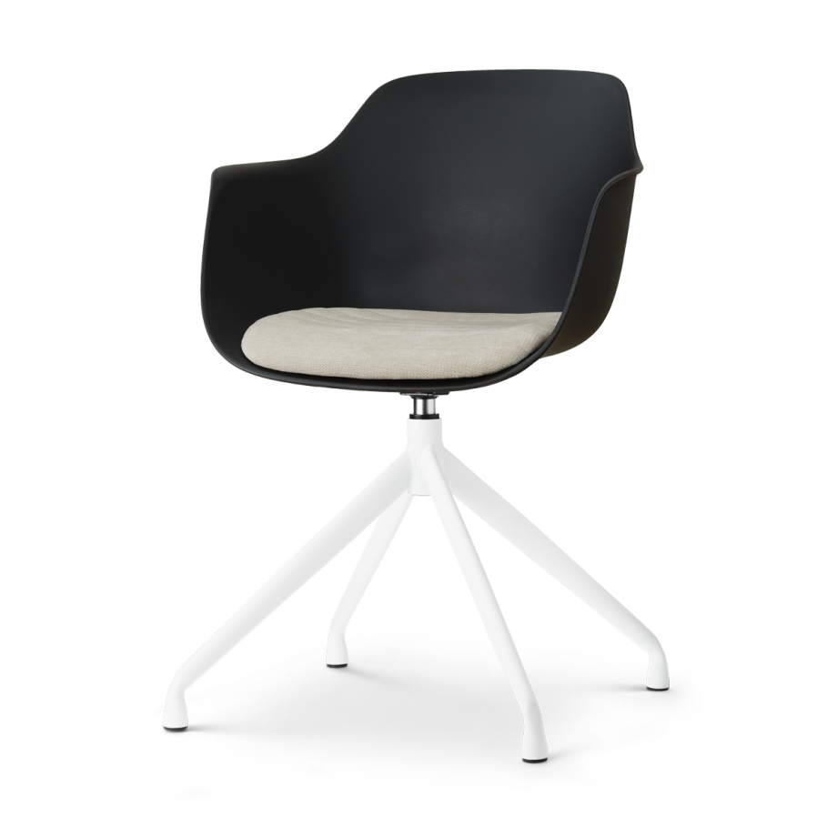 Nola-Liz draaibare eetkamerstoel zwart met naturelbeige zitkussen - wit onderstel afbeelding 1