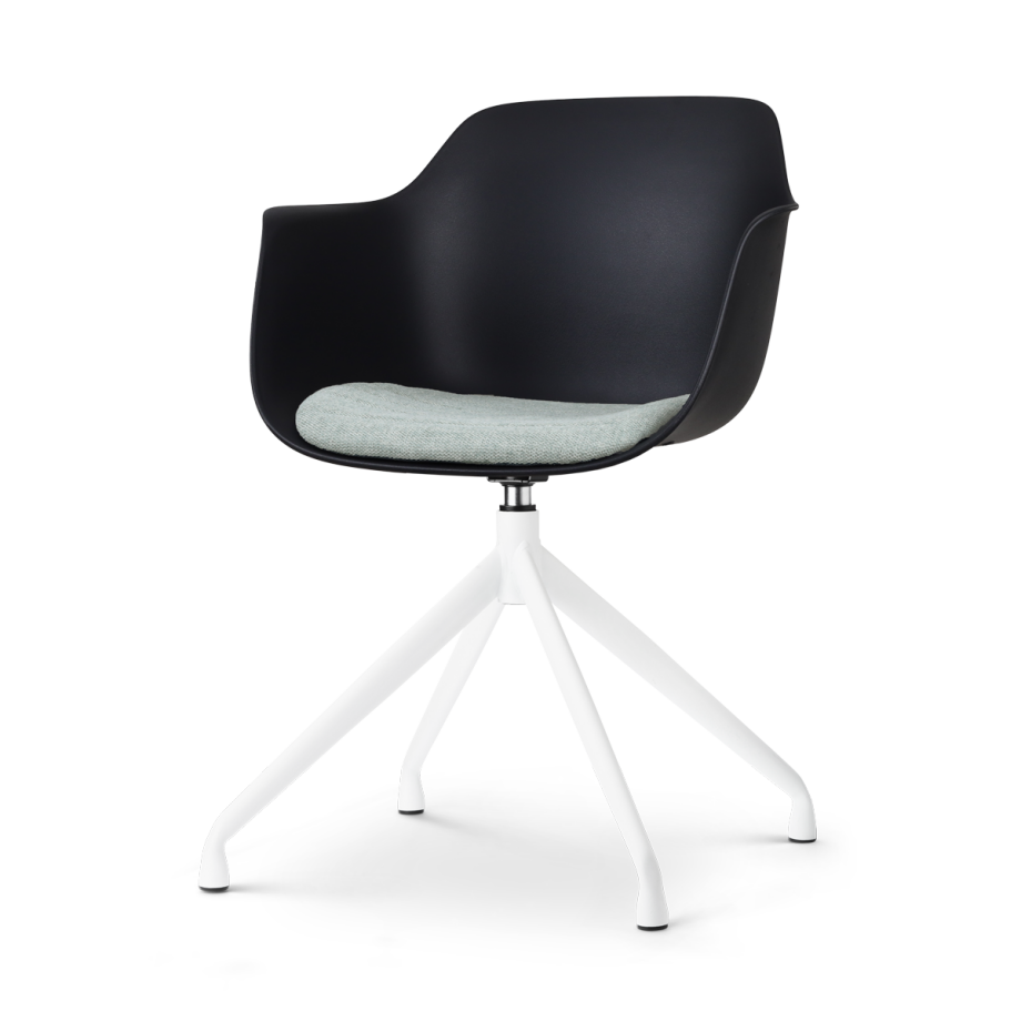 Nola-Liz draaibare eetkamerstoel zwart met zacht groen zitkussen - wit onderstel Nola-Liz draaibare eetkamerstoel zwart met zacht groen zitkussen - wit onderstel afbeelding 1