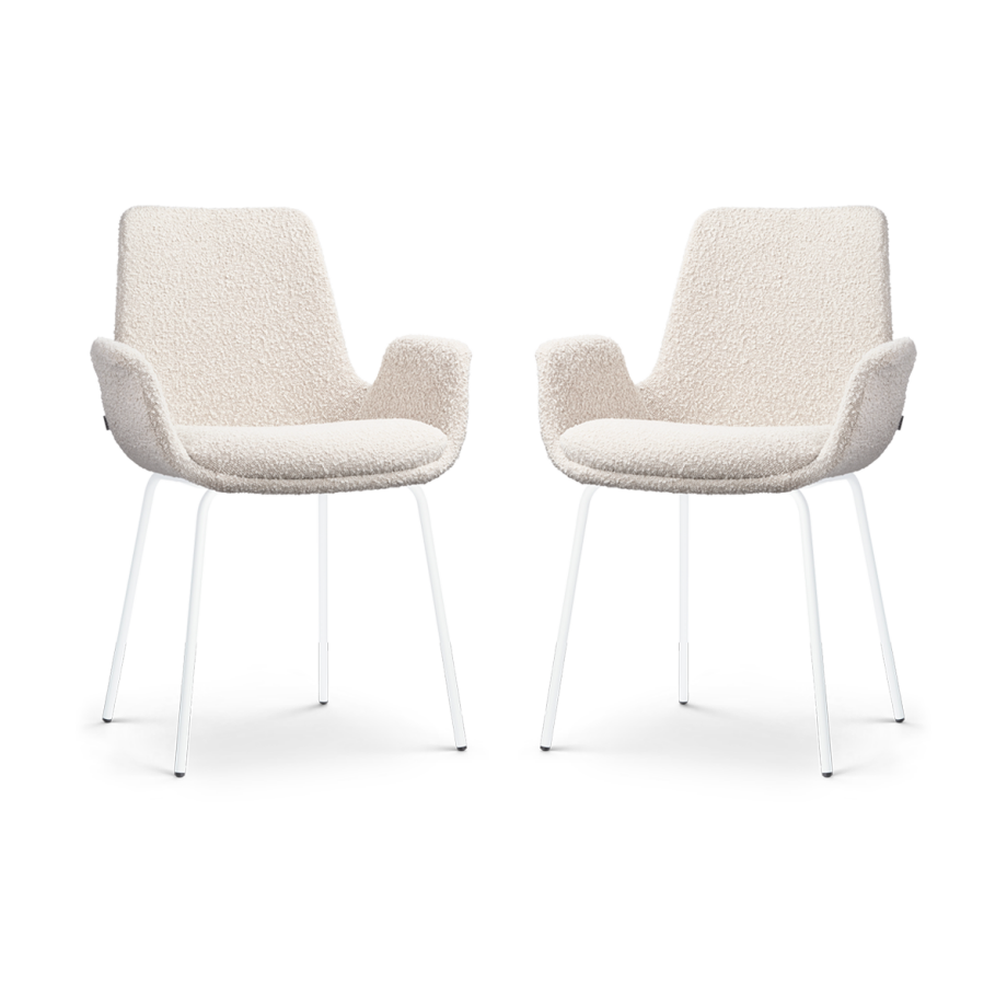 Nora-Eef eetkamerstoel bouclé beige - wit onderstel - set van 2 afbeelding 1