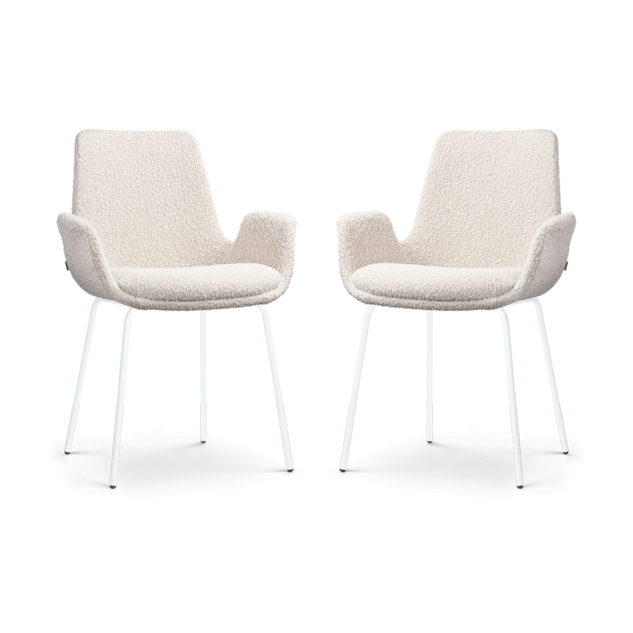 Nora-Eef eetkamerstoel bouclé beige - wit onderstel - set van 2 afbeelding 1