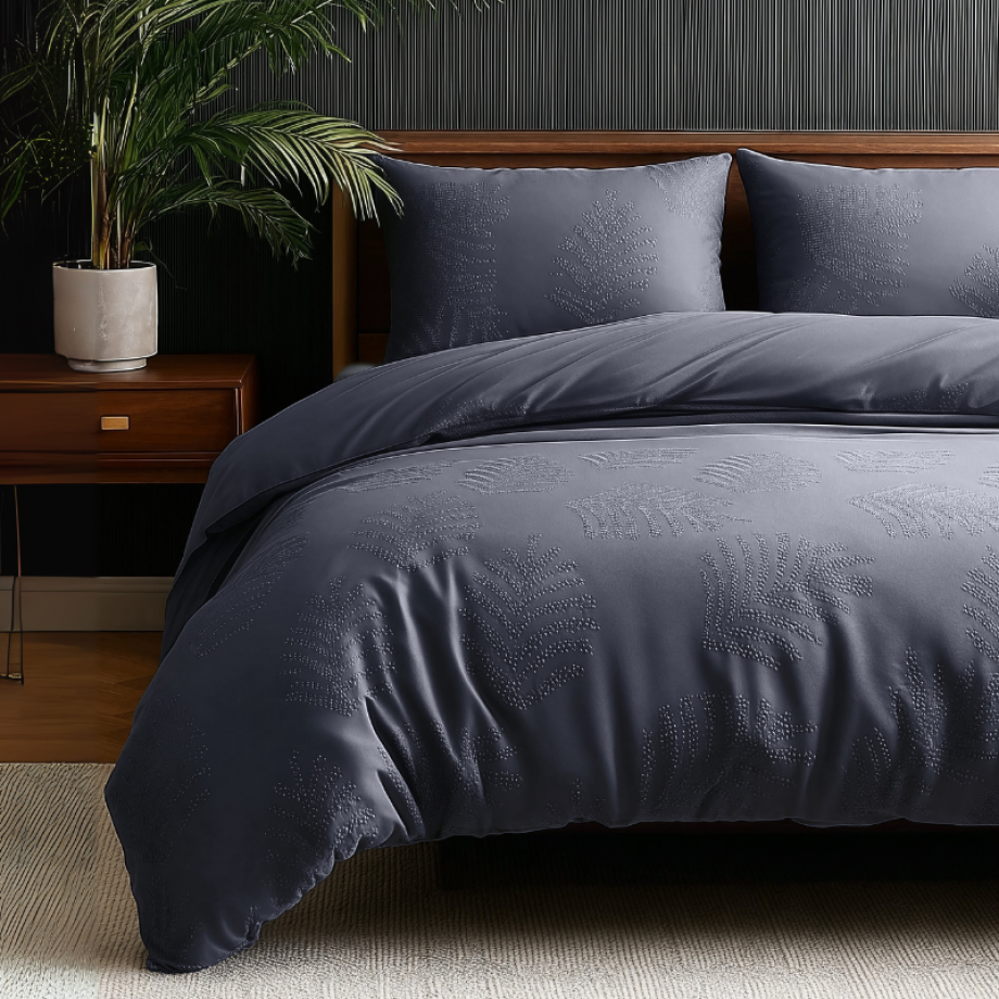 Dekbedovertrek 3D Embossed - Leaves - Antraciet - Eenpersoons (140x200 Cm) - Antraciet Microvezel - Natuur & Effen - Sleeptime Elegance - Dekbed-Discounter.nl afbeelding 1