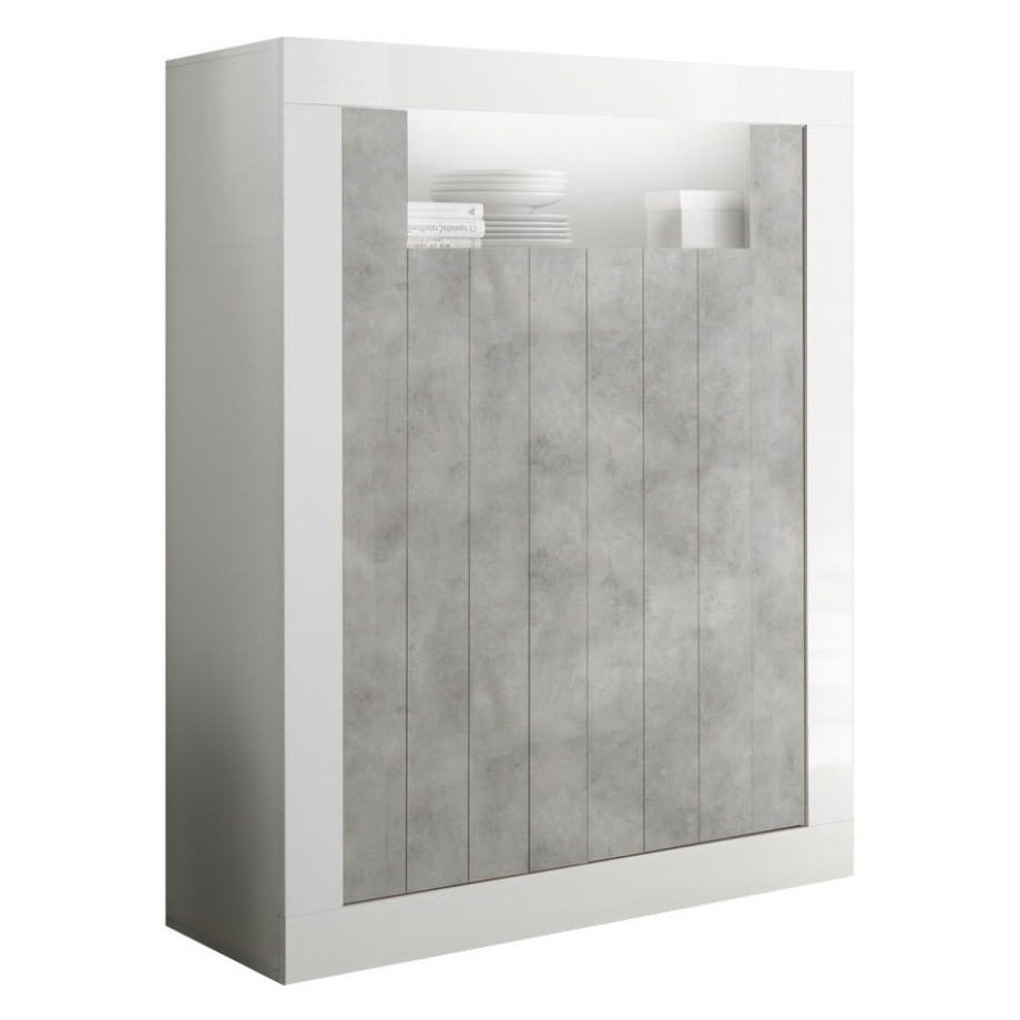 Opbergkast Urbino 144 cm hoog in hoogglans wit met grijs beton afbeelding 1