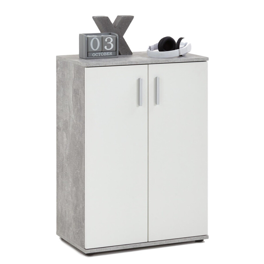 Opbergkast Albi 83 cm hoog - Grijs beton met wit Opbergkast Albi 83 cm hoog - Grijs beton met wit afbeelding 1