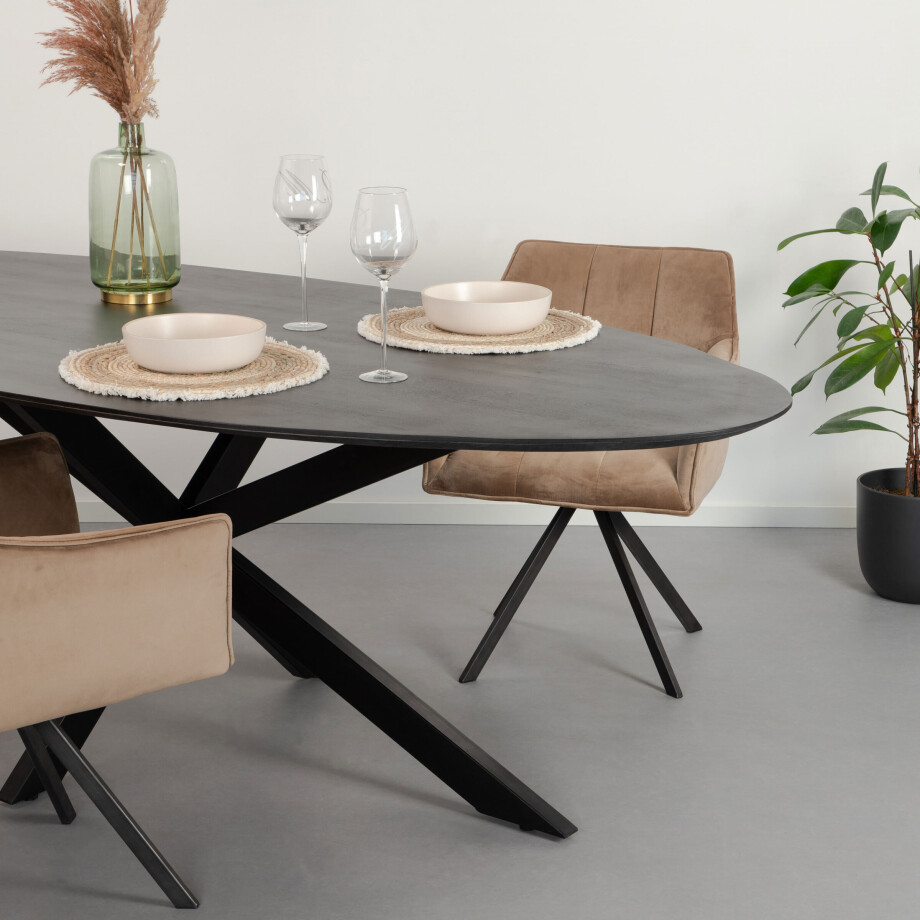 Sohome Ovale Eettafel 'Coco' Mangohout en staal, kleur Zwart, 180 x 90cm afbeelding 