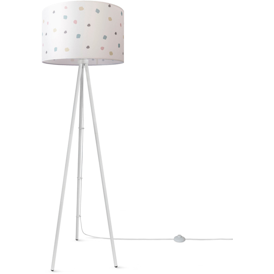 Paco Home Staande lamp Trina Dots Driepotige lampenkap rond stof vloerlamp kleurrijke stippen met stekker afbeelding 1