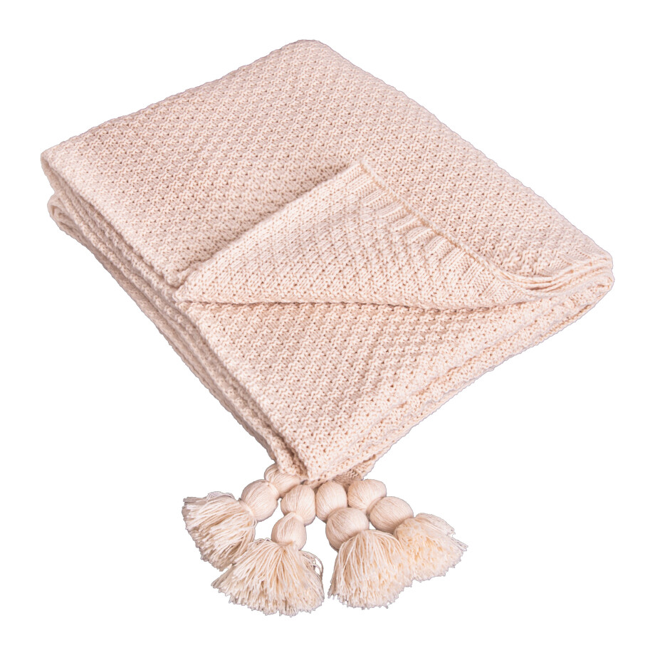 QUVIO Plaid met kwastjes - Polyester - 130 x170 cm - Beige afbeelding 1