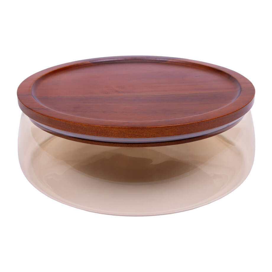 QUVIO Glazen opbergbak - Met deksel - Diameter 23 cm - Glas - Hout - Bruin afbeelding 1