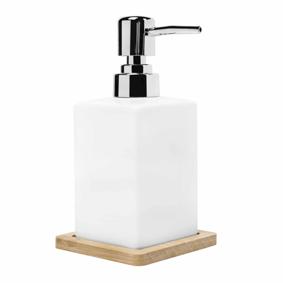 QUVIO Zeepdispenser met houten onderzetter - 6,5 x 6,5 x 15 cm - Wit afbeelding 1