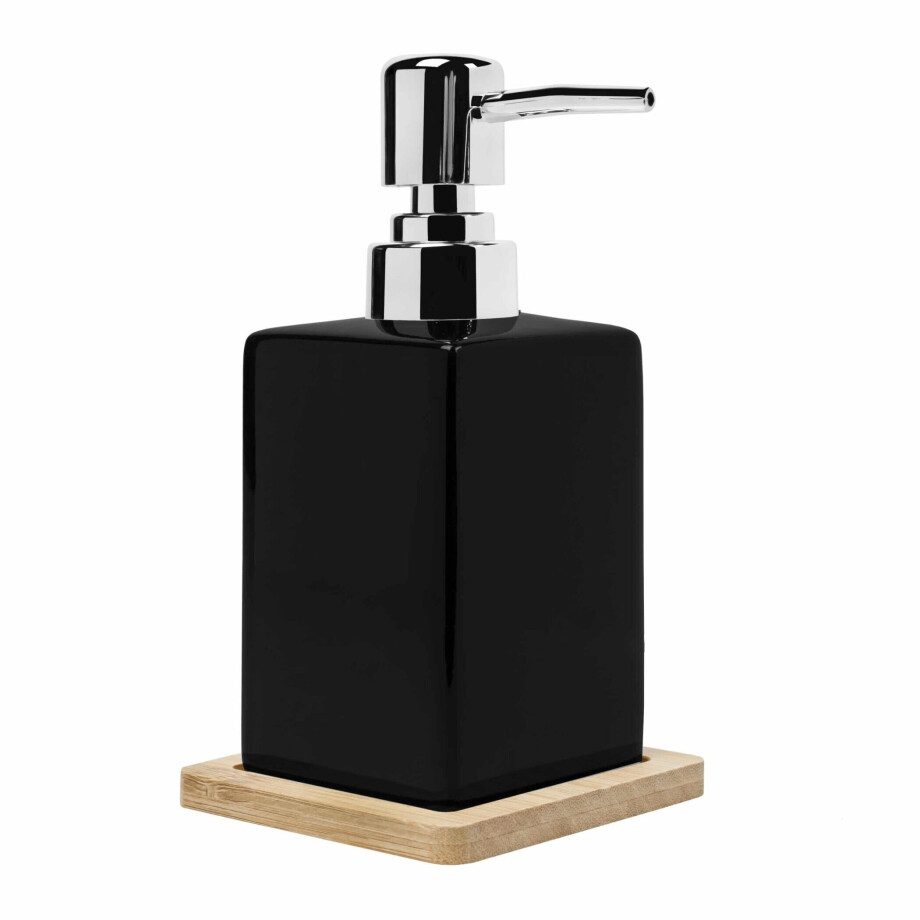 QUVIO Zeepdispenser met houten onderzetter - 6,5 x 6,5 x 15 cm - Zwart afbeelding 1