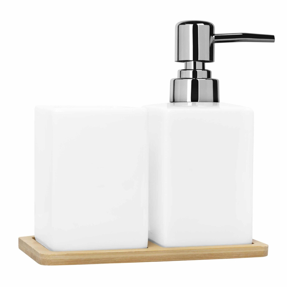 QUVIO Zeepdispenser met tandenborstelbeker + houten onderzetter - Wit afbeelding 1