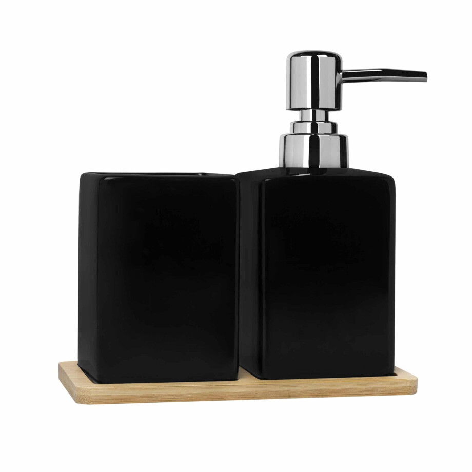QUVIO Zeepdispenser met tandenborstelbeker + houten onderzetter - Zwart afbeelding 1