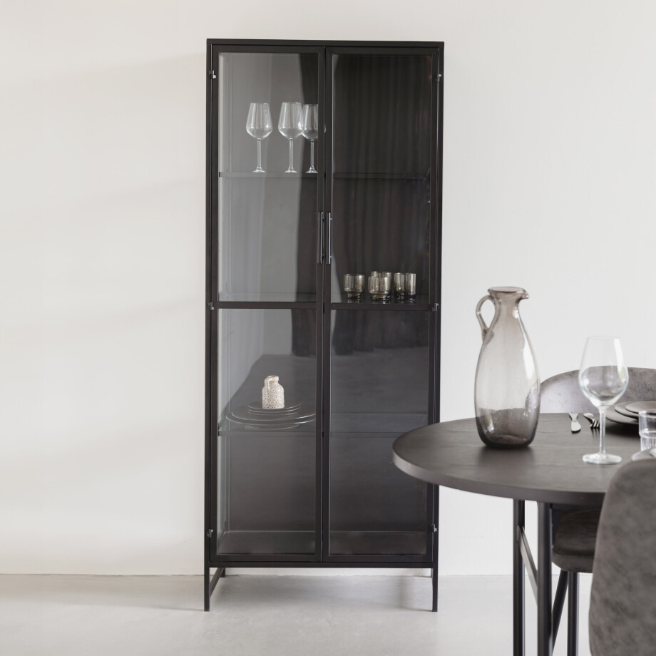 ZILT Vitrinekast 'Reka' Zwart metaal, 170 x 70cm ZILT Vitrinekast 'Reka' Zwart metaal, 170 x 70cm afbeelding