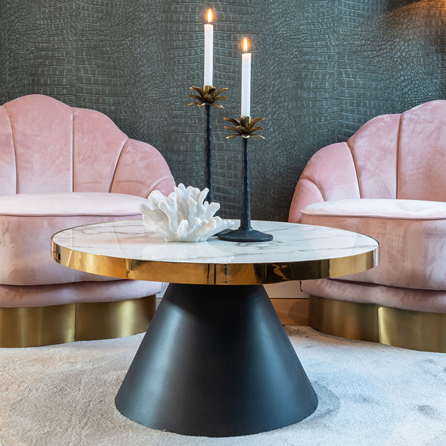 Richmond Ronde Salontafel 'Odin' Ø80cm, Wit Marmer / Goud / Zwart Richmond Ronde Salontafel 'Odin' Ø80cm, Wit Marmer / Goud / Zwart afbeelding 1