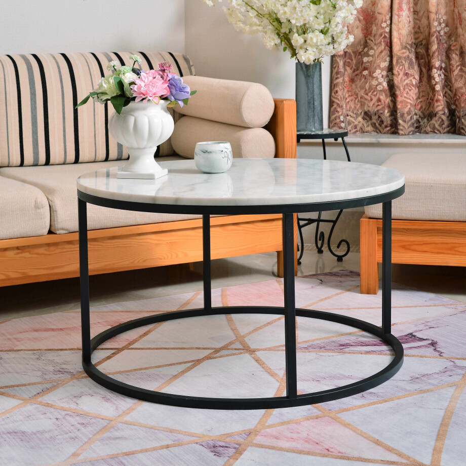 Artistiq Ronde Salontafel 'Yorick' Wit Marmer en Staal, Ø85cm Artistiq Ronde Salontafel 'Yorick' Wit Marmer en Staal, Ø85cm afbeelding